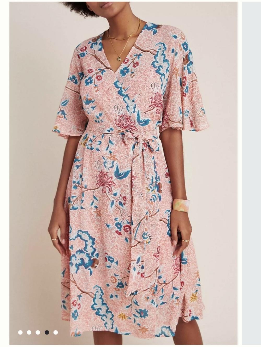 Anthropologie Pink Floral Midi Wrap Dress with Blue Accents